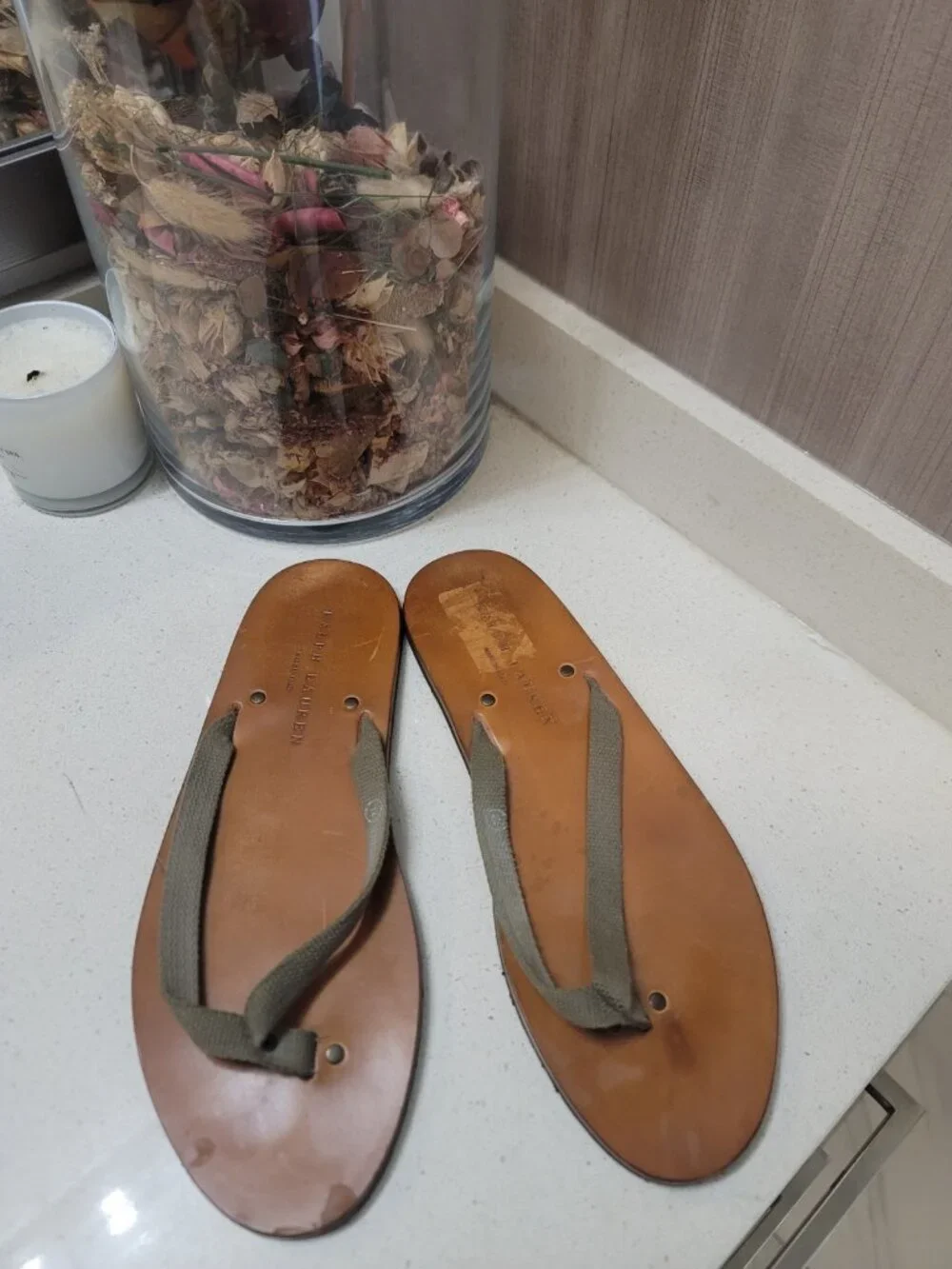 Ralph Lauren VTG RARE Flip Flops Men 12 Brown Italian Leather Thong Braided